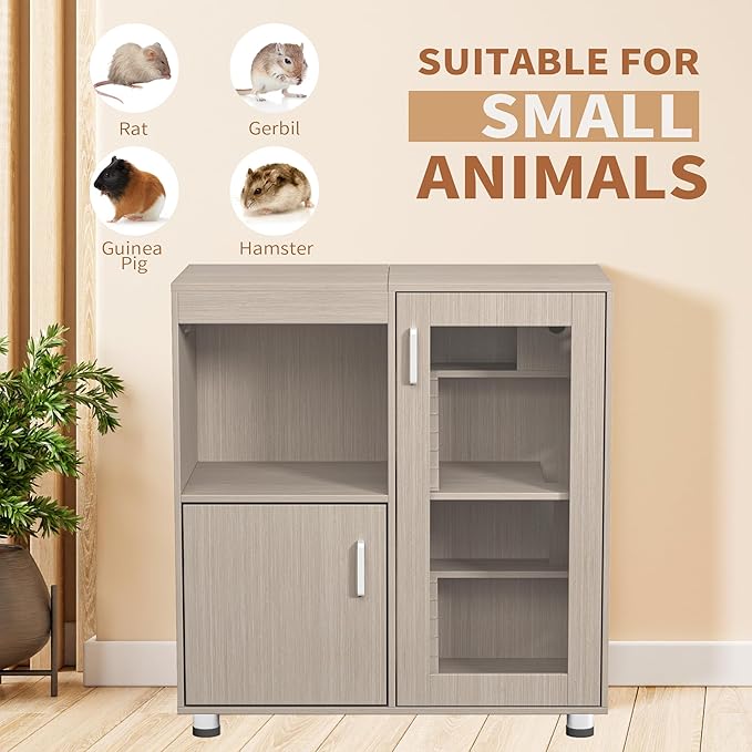Guinea Pig Cages with Storage Cabinet, Wood Large Hamster Habitat,Hedgehog Cage with Acrylic Sheets and Openable Top,Small Animal Cage for Hedgehog Mouse Gerbil (Wood, 33.5 inch)