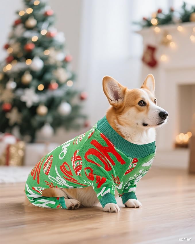 PET SHOW 4 Pack Small Dog Christmas Pajamas Holiday Dog Clothes for Medium Dogs Girl Boy Soft Stretchy PJs Xmas Jumpsuit Puppy Onesies Red Green Outfits with Sleeve Pets Dachshund Costume XL