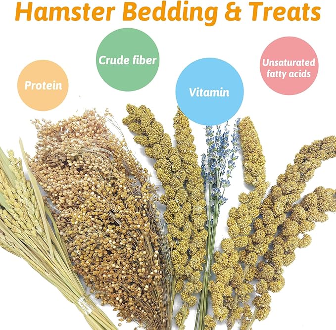 Fhiny Natural Hamster Bedding Mate, Edible Hamster Sprays Flowers & Herbs Gerbil Habitat Enclosure Decor Grain Treats Cage Accessories for Dwarf Syrian Hamster Gerbil Degus Lemming Mice