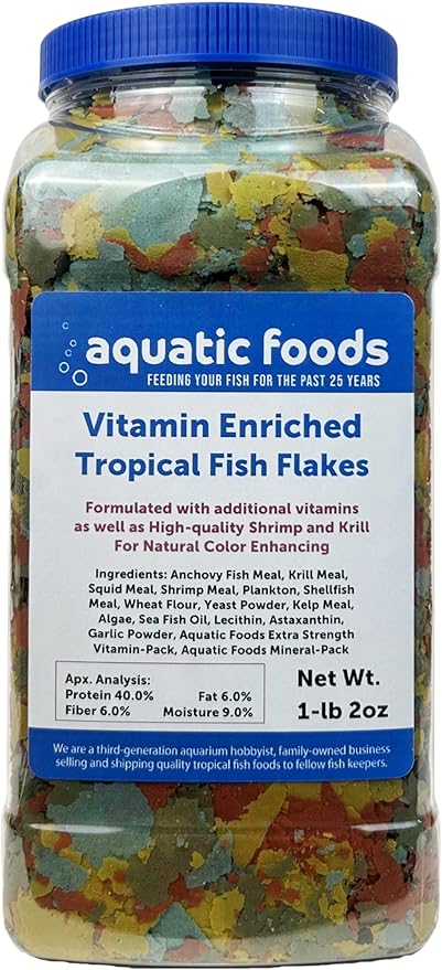 Aquatic Foods Inc. Premium Vitamin Enriched Tropical Flakes for All Community Tropical Fish, Cichlids and Pond Fish - AFI Vitamin Tropical Flakes…1-lb 2oz Lg Jar
