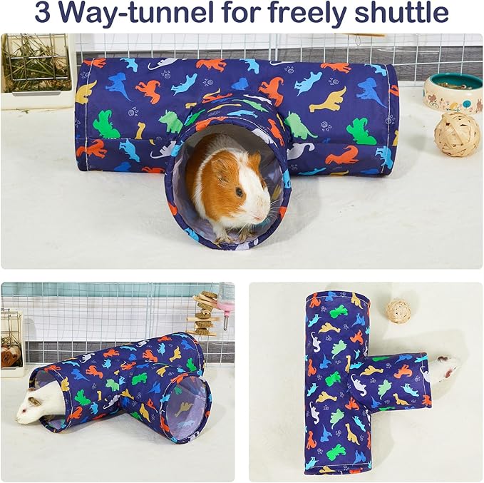 Bienbee Guinea Pig Tunnel, 3 Way Washable Guinea Pig Hideout,Foldable Rabbit Tunnel Guinea Pigs Toys for Bunny Hamster Chinchilla Ferret Rabbit Guinea Pigs Accessories Blue Dinosaurs