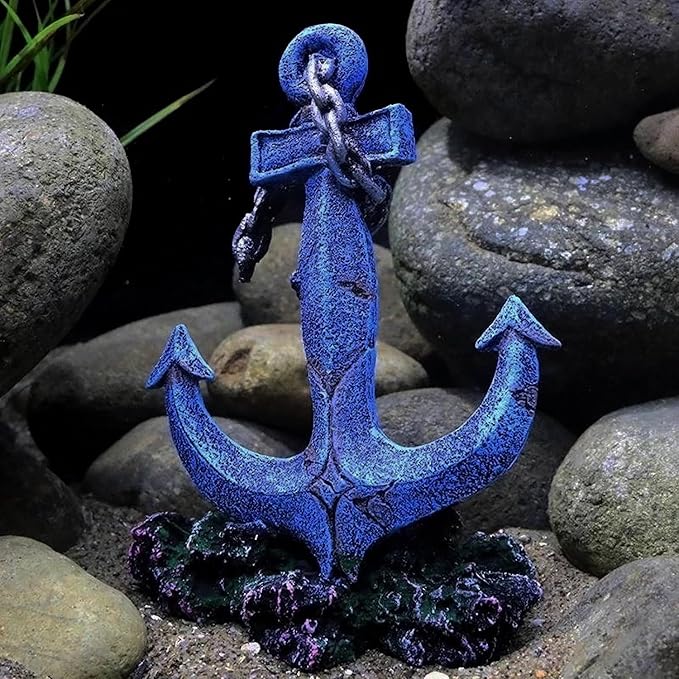 J-star Resin Anchor Aquarium Decor, Blue Nautical Fish Tank Ornament