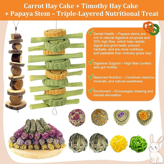 22Pcs Bunny Chew Toys for Rabbits Teeth, Natural Rabbit Toys Apple Wood Sticks, Carrot, Timothy Grass Treats for Small Pets, Hamster, Chinchilla, Guinea Pig
