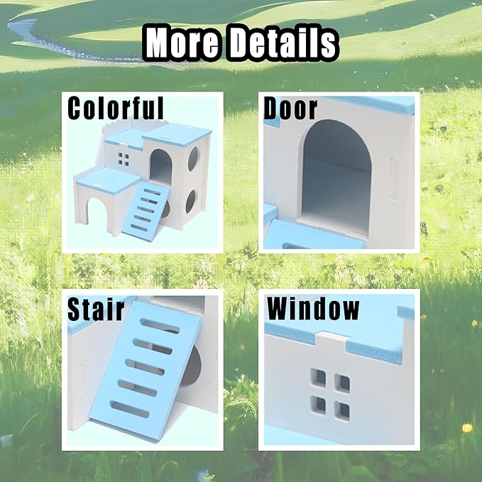 Blue Wooden Hamster Maze & Double-Decker Hut with Fun Slide - for Dwarf Hamsters, Mice, Gerbils, All Small Pets