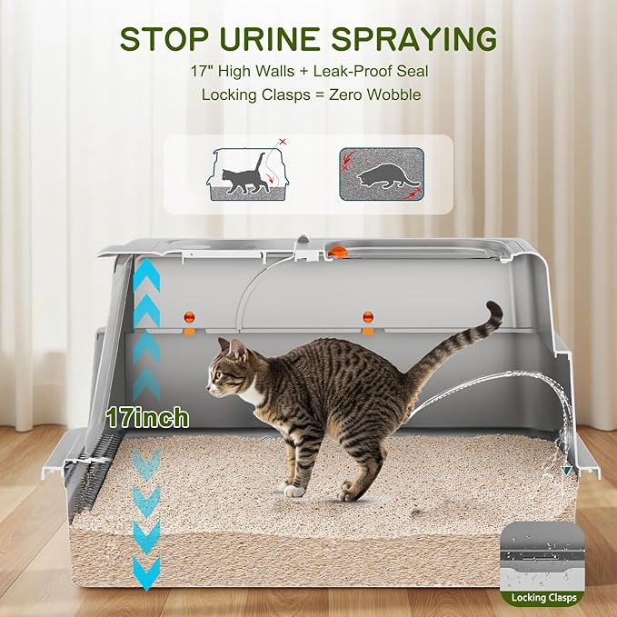 Stainless Steel Litter Box with Lid, 28" XXXL Large Enclosed Covered Cat Litter Box for Multiple Cats, Odor Control with Carbon Filters, Anti-Leak High Sided, Removable Lid &Scoop, Light Gray