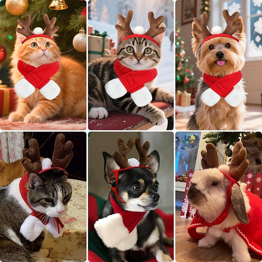 PETLESO Cat Reindeer Antlers with Christmas Scarf, Small Dog Santa Costume, Pet Xmas Outfits for Kitten, Puppy