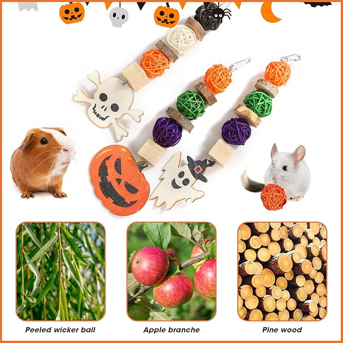 Bunny Chew Toys, Natural Guinea Pig Toys,3pcs Perfect Chews Hanging Wood Chew Toy for Pet Rabbits Guinea Pigs Chinchillas Hamsters Rats and Other Small Animals Teeth Grinding Halloween Themed