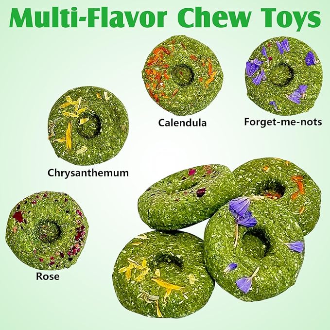 Fhiny Rabbit Chew Toys, 24 PCS Natural Timothy Hay & Flowers Biscuit Guinea Pig Chew Snacks for Teeth Handmade Small Animal Molar Treats for Bunny Guinea Pig Chinchilla Hamster Gerbil Dental Care