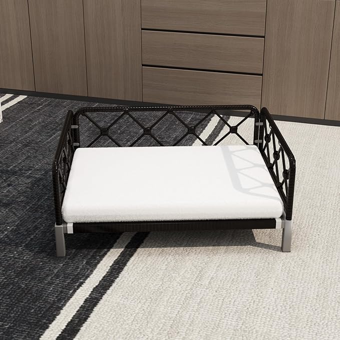 Wicker Dog Bed with 2" Cushion,Rattan Dog Sofa Bed for Small Medium Dogs– Indoor/Outdoor Metal Frame Pet Bed up 66lbs(Black Rattan White Cushion)