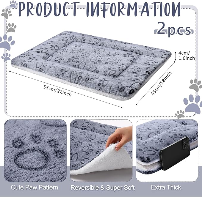 2 Pack Self Warming Cat Mat Self Heating Pad Bed Reversible Machine Washable Reflects Body Heat Warm Thermal Pet Pad Crate Blanket for Feral and Indoor Cat (Grey,22'' X 18'',Dog Paw)