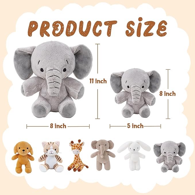 6 Pcs Stuffed Animals Bulk, 8 Inch Jungle Animals Stuffed Toys, Zoo Stuffed Animals Set, Small Stuffed Safari Animals, Cat Dog Elephants Giraffe Bunny for Party Animal Themed