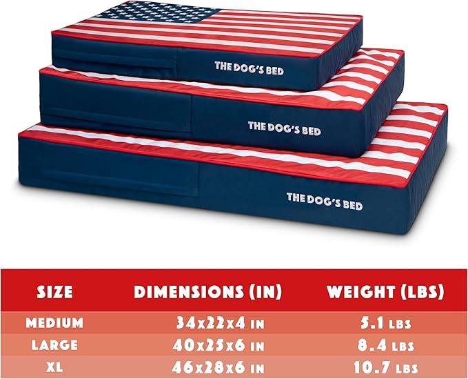 The Dog’s Bed Orthopedic Memory Foam Dog Bed, Medium Blue & Red Trim USA Center Flag 34x22, Pain Relief for Arthritis, Hip & Elbow Dysplasia, Post Surgery, Supportive, Calming, Waterproof Washable