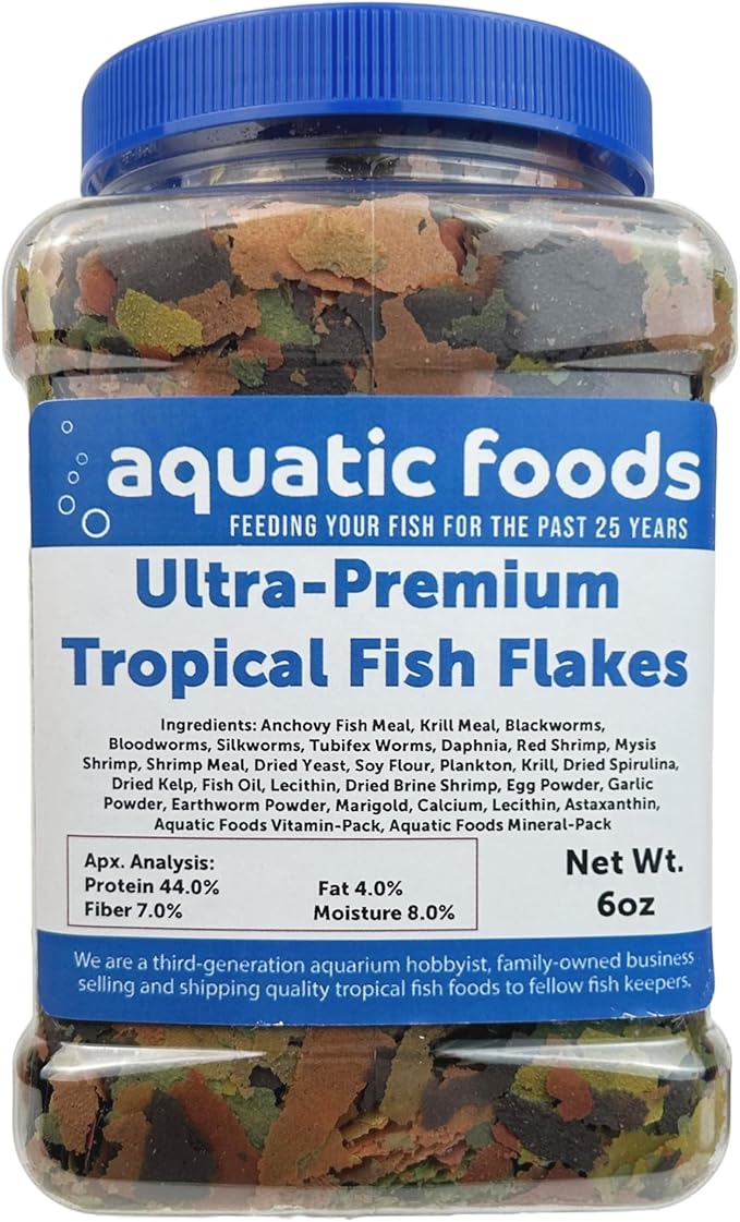 Aquatic Foods Inc. Ultra-Premium 8-Type Special Blend of Tropical Fish Flakes for Discus, Cichlids, Angel Fish, Guppies. Tetras, All Tropicals. AF Flakes…6oz Med Jar