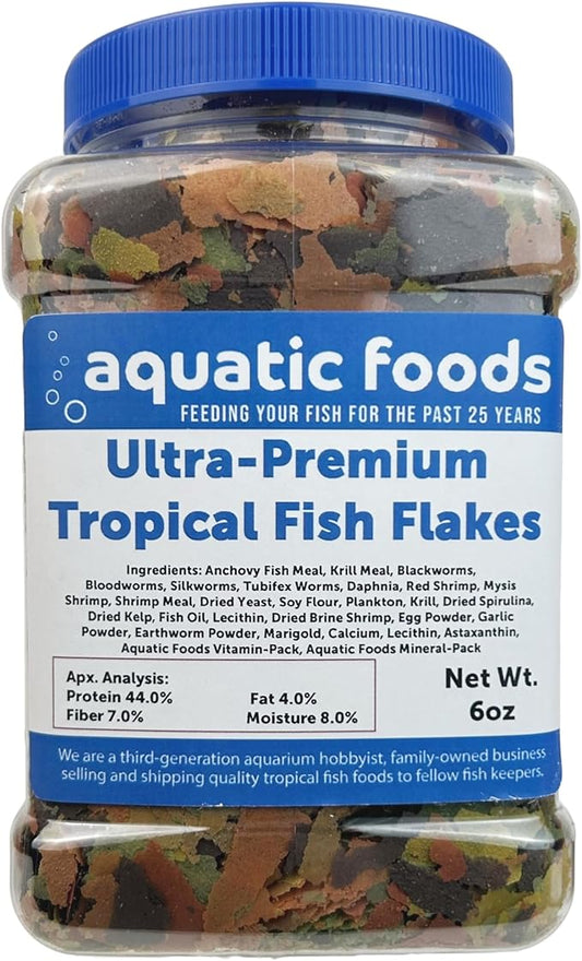 Aquatic Foods Inc. Ultra-Premium 8-Type Special Blend of Tropical Fish Flakes for Discus, Cichlids, Angel Fish, Guppies. Tetras, All Tropicals. AF Flakes…6oz Med Jar