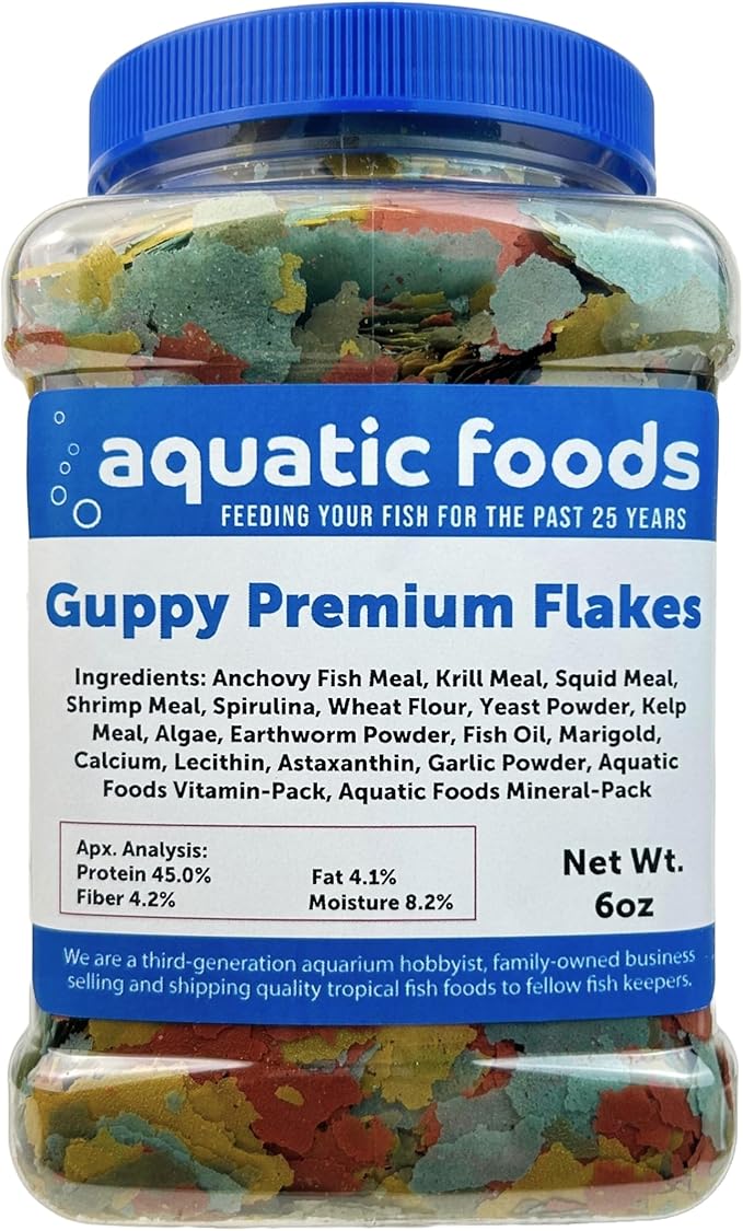 Aquatic Foods Inc. Guppy & Endler Guppy Premium 5-Type Flake Mix for Guppies, Endlers, Tetras, All Tropicals. Aquatic Foods Premium Guppy Flakes…6oz Med Jar