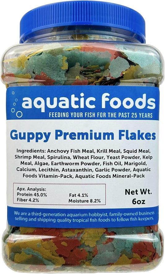 Aquatic Foods Inc. Guppy & Endler Guppy Premium 5-Type Flake Mix for Guppies, Endlers, Tetras, All Tropicals. Aquatic Foods Premium Guppy Flakes…6oz Med Jar