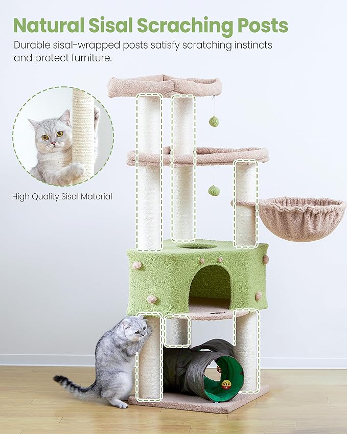 Cat Tree Tower for Indoor Cats Large Adult - Tall Kitty Condo House with Hammock Scratching Post Tunnel - 60 Inch Big Kitten Bed Condos Trees - Heavy Duty Kittens Houses Stand for Multiple Maine Coon