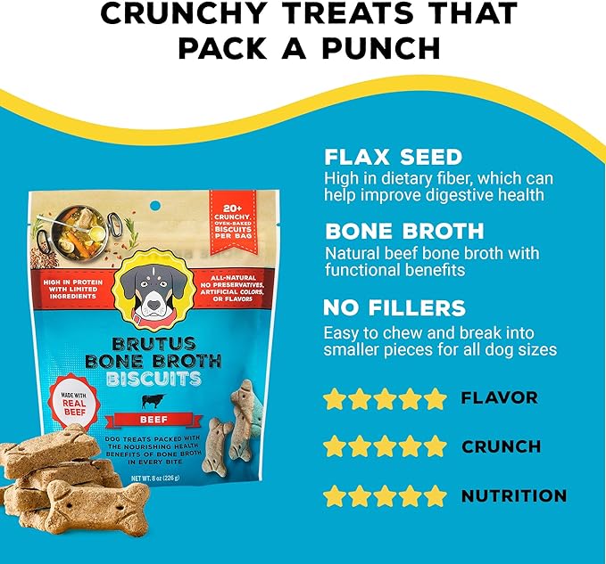 Brutus Bone Broth Biscuits (Beef) - Healthy Dog Treats - Natural Dog Biscuits with Bone Broth and Real Beef for Healthy Joints - 18 Grams of Protein - 8 OZ (Pack of 2)