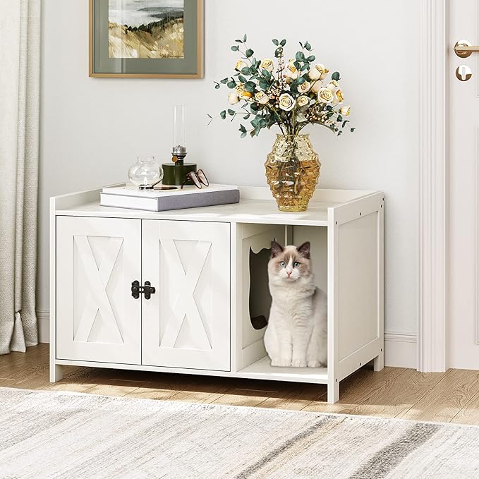 Cat Litter Box Enclosure, Hidden Litter Box Furniture with Divider, Indoor Cat House, Wooden Cat Washroom Storage Cabinet Bench, for Living Room, Bedroom, White CWWT2501