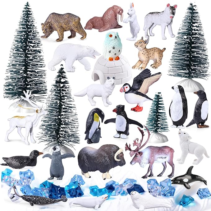 SIENON 60Pcs Arctic Animal Toy Set Includes 23Pcs Mini Polar Animals with Polar Bear, Penguin, Caribou, Puffin, Lynx, 1pc Igloo, 4Pcs Pine Trees, 32Pcs Fake Ice Rocks for School Project Cake Toppers