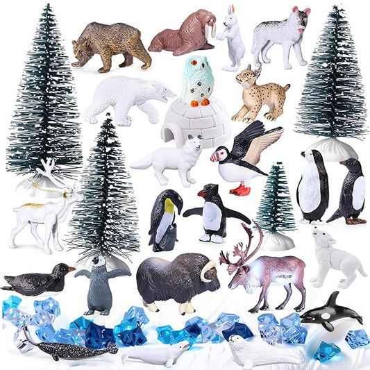 SIENON 60Pcs Arctic Animal Toy Set Includes 23Pcs Mini Polar Animals with Polar Bear, Penguin, Caribou, Puffin, Lynx, 1pc Igloo, 4Pcs Pine Trees, 32Pcs Fake Ice Rocks for School Project Cake Toppers