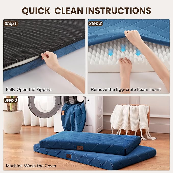 Orthopedic Dog Crate Bed Washable for Large Medium Dogs, Waterproof Pet Bed Mat with Egg Crate Foam, Flat Dog Crate Pad with Removable Washable Cover, 35 x 22 Inch Kennel Pads, Navy