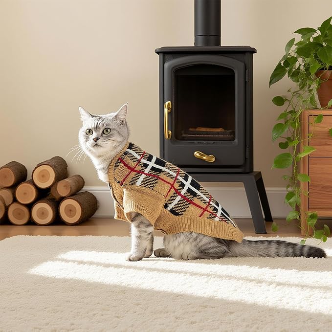 EXPAWLORER Cat Sweater Cardigan - Stylish Knit Cat Clothes, Plaid British Style Soft Puppy Sweater with Sleeve, Warm Pet Clothing Knitwear, Fall Winter Kitten Coat for Girl Boy Cats, Beige M