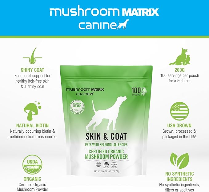 Om Mushroom Matrix Skin & Coat Mushroom Pet Supplement, Provides Seasonal Allergy Skin & Coat Support for Dogs & Cats, 200 Grams, 7.1 oz