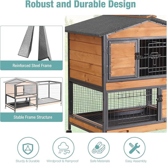 Rabbit Cage,Indoor Rabbit Hutch with Matel Frame and Pull Out Tray,Rabbit Hutch Chicken Coop with Run (Orange)