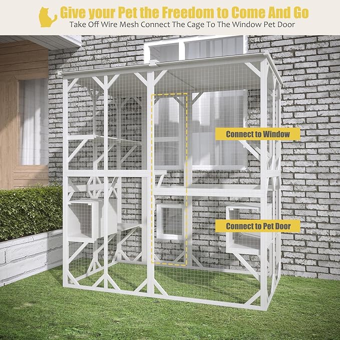 ROOMTEC Outdoor Catio with Roof 71.3" Height Large Wooden Cat Enclosure with 3 Jumping Platforms and 2 Napping Houses Cat Cage for Cat Activity (White)