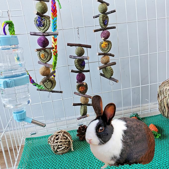 3Pcs Bunny Chew Toys for Teeth Grinding Bunny Hanging Natural Apple Twigs Timothy Hay Grass Cakes Multiple-Grass Ball for Rabbits Guinea Pigs Chinchillas Gerbils Hamsters Improves Dental Health