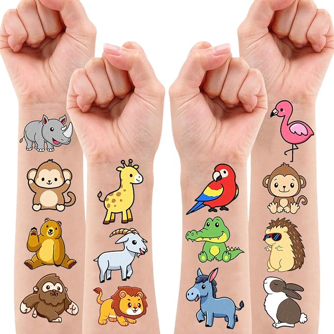 Zoo Pre-cut Temporary Tattoos (8 Sheets 96PCS) Jungles Party Decorations Supplies Favors Safari Animals Theme Birthday Cute Stickers Christmas Gifts for Boys Girls Class School Prizes Carnival