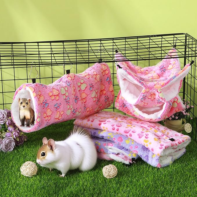Sweetude 6 Pcs Rat Hammock Set Ferret Hanging Tunnel 3 Tier Guinea Pig Hammocks Hideout Soft Chinchilla Bed for Cage Accessories Hide,Play and Sleep(Dreamy,Paw)