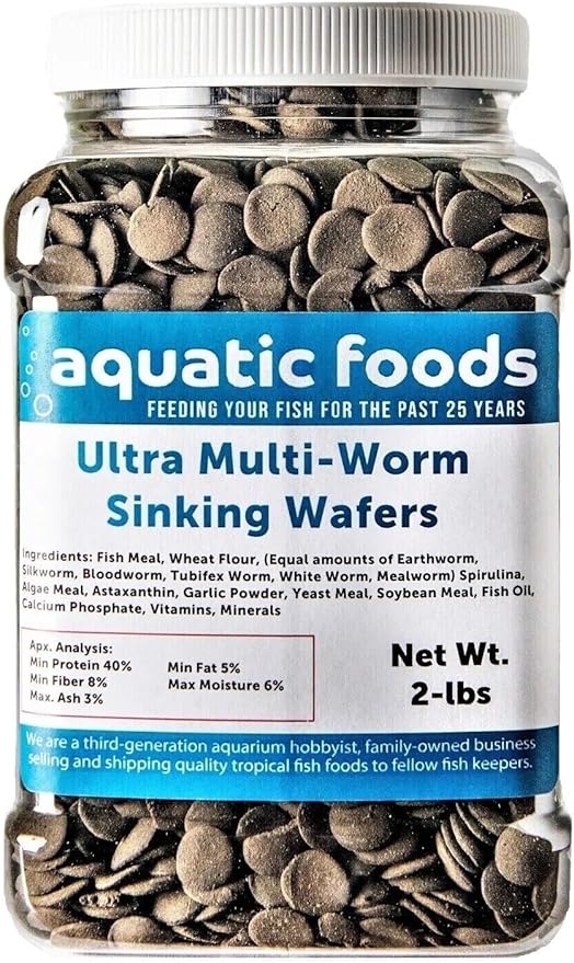 Aquatic Foods Inc. Ultra Multi-Worm 12mm - 1/2" Small Sinking Wafers for Bottom Fish, Shrimp, Snails, Crabs, Crayfish, All Tropical Fish...2-lb Med Jar