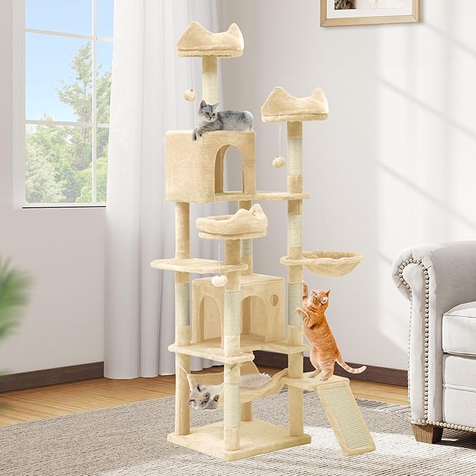 DWVO 75 in Multi-Level Cat Tower: Tall Cats Tree for Indoor Kittens, Pet Furniture with Kitty Condos, Top Perches, Sisal Ramp Scratching Posts, Cozy Basket, Hammocks, Beige