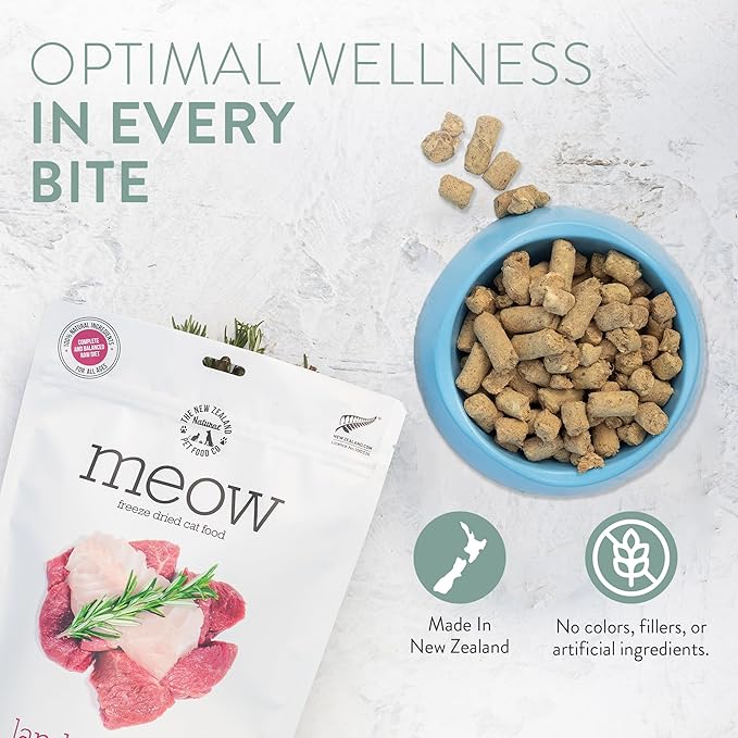 The New Zealand Natural Pet Food Co Meow Freeze Dried Cat Food - Lamb & Hoki Recipe, High Protein Treats, Meals & Toppers, Dry Cat Food,1.76 oz
