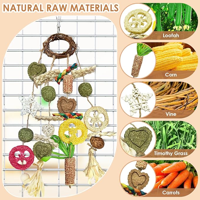 Bunny Chew Toy, Rabbits Cage Hanging Chew Toys and Treats Rattan Ring with Snacks Water Grass Wooden Block Carrot for Guinea Pigs Chinchillas Hamsters Rats and Other Small Pets Teeth Grinding