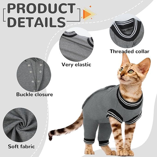 PUMYPOREITY Cat Recovery Suit for Hind Legs, Cat Surgical Spay Suit with Leg Sleeves to Stop Licking, Long Rear Sleeve Wound Cover Abdomen Kitten Onesie, Grey, M