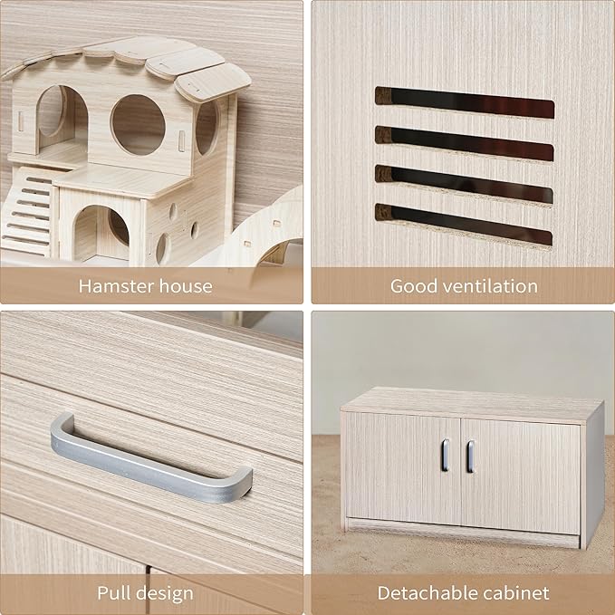 Guinea Pig Cages, Hamster Cage Wood with Independent Storage Cabinet, House for Rat Chinchilla with Guinea Pig Hutch and Bridge, Openable Top with Acrylic Sheets(Wood, 32.28 inch)