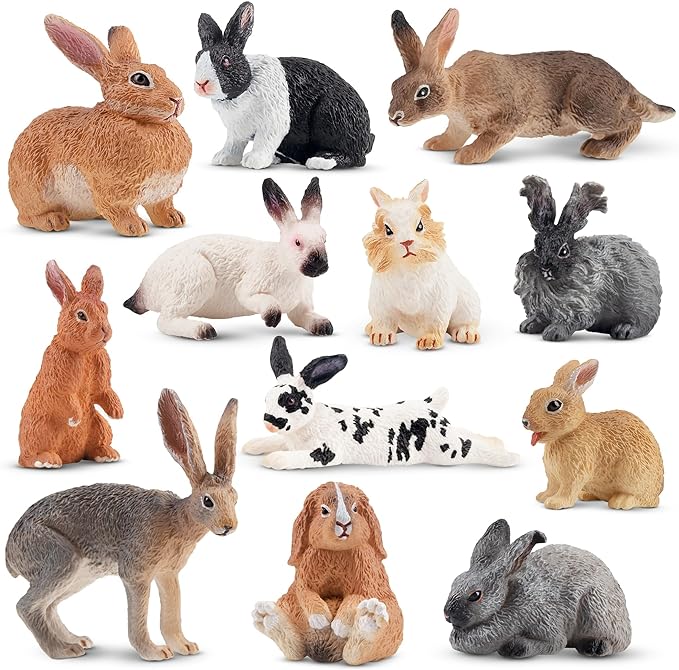 Toymany 12PCS Easter Bunny Figures Toys for Kids, Rabbit Figures Farm Animal Toy for Cake Toppers Party Favors for Toddlers
