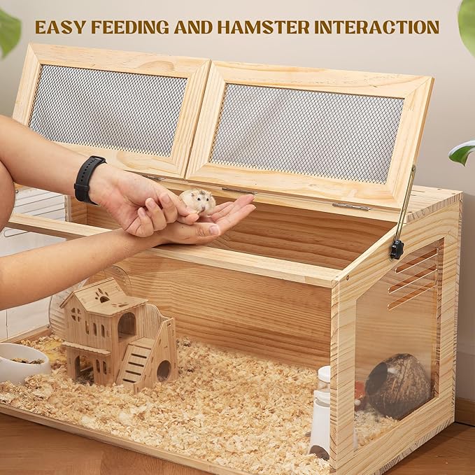 Hamster Cage 32" Wooden Chewproof, 270° View Large Habitat with Bite-Proof Metal Mesh & Top Dual Access Doors, Acrylic Sheets & Solid Build for Dwarf Syrian Hamsters/Gerbils/Guinea Pigs/Chinchillas