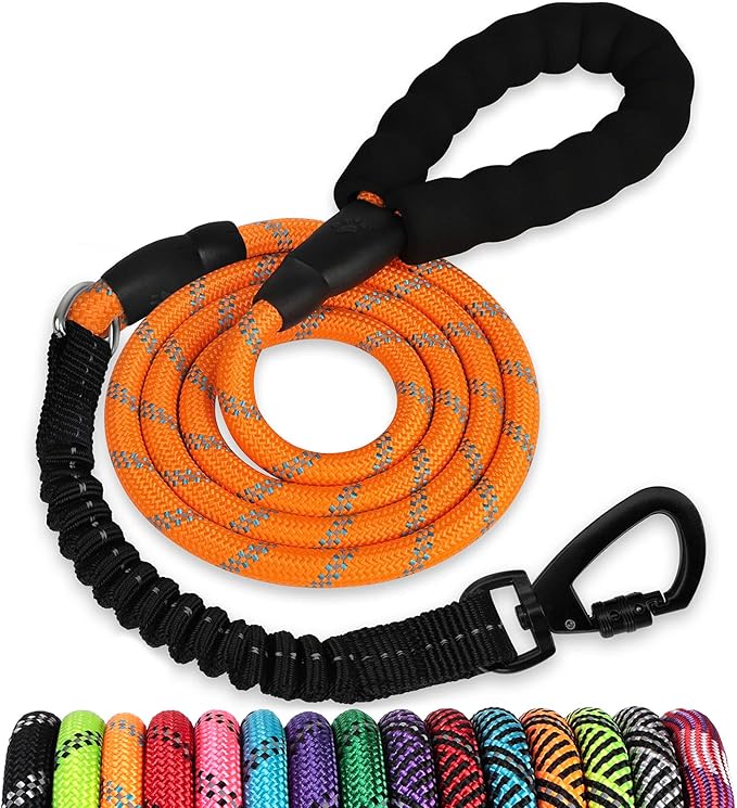 Rope Dog Leash 6 FT: Heavy Duty Leashes with Swivel Lockable Hook Reflective Threads Bungee and Padded Handle - Dog Lead for Large Small Medium Dogs Outside Walking Hiking Orange