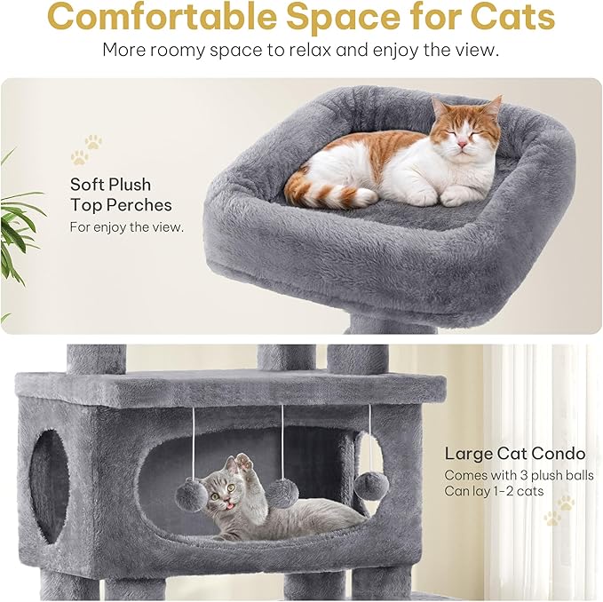 Cat Tree for Indoor Cats Large Adult, 76'' Tall Cat Tower with Scratching Post, Multi-Level Plush Cat Condo for Adult Cats, Cat Tree Tower with Hanging Balls/Wide Base/Cozy Basket and Hammock