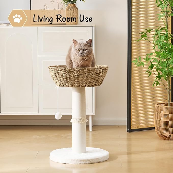 Cat Tree Tower, Natural Material Cat Condo with Handwoven Nest Basket Bed, Cotton Scratching Post, Funny Hanging Toy Ball, 2 Sides Cushion Top Perch, Seagrass