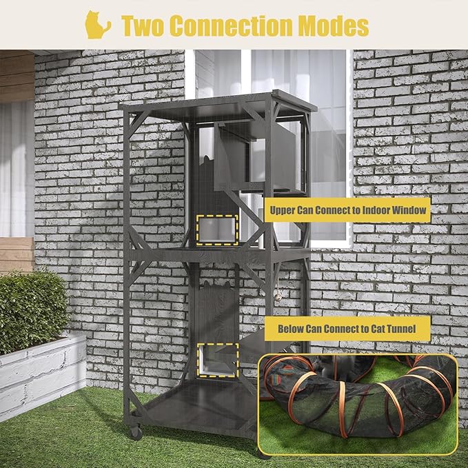 ROOMTEC Catio Outdoor Enclosure With Roof - 71" Height Wooden House, Large Cage With 3 Jumping Platforms and 1 Napping House for Cat Activity (Black)