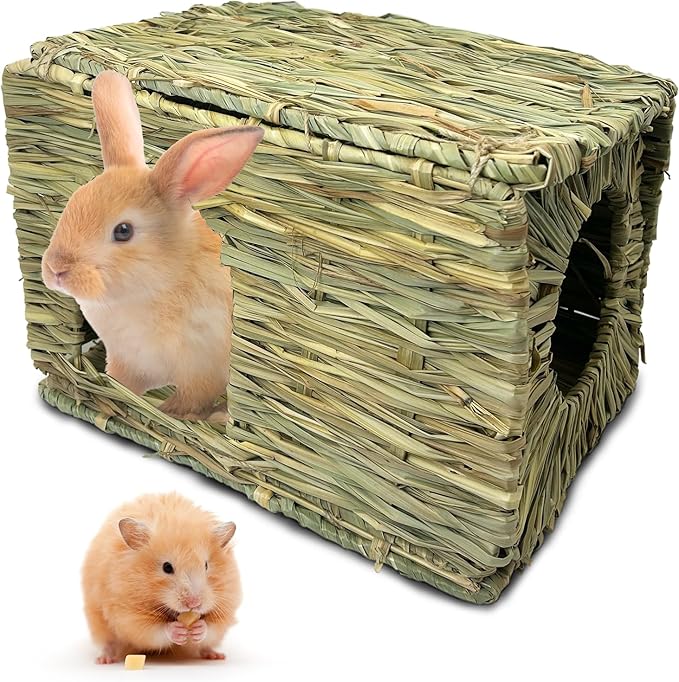 Hamiledyi Large Rabbit Grass House Hand Woven Natural Bunny Hut Foldable Play Bed Safe Cozy Hideaway Hay Mat Chew Toys for Hamster Guinea Pig Chinchilla Gerbil Ferret