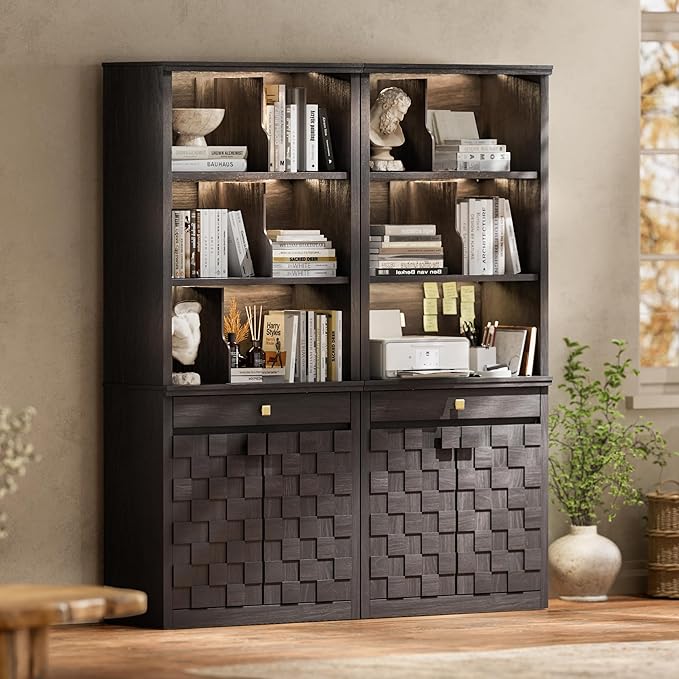Fluted Bookcase with LED Light Set of 2, 72.2" Tall Standing Bookshelf with Drawer and Doors, Modern Storage Book Case Suite with 6-Tier Open Shelves for Office, Living Room, Bedroom (2, Black Oak)