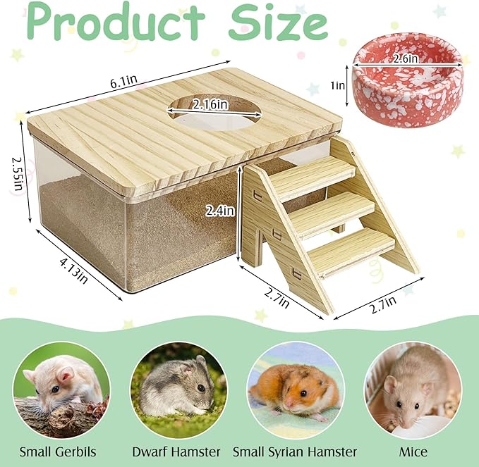 kathson Hamster Sand Bath Box Transparent Acrylic Small Syrian Hamster Shower Bathtub Small Gerbil Digging Sand Container with Climbing Ladder and Ceramic Bowl Cage Accessories for Lemmings Mice