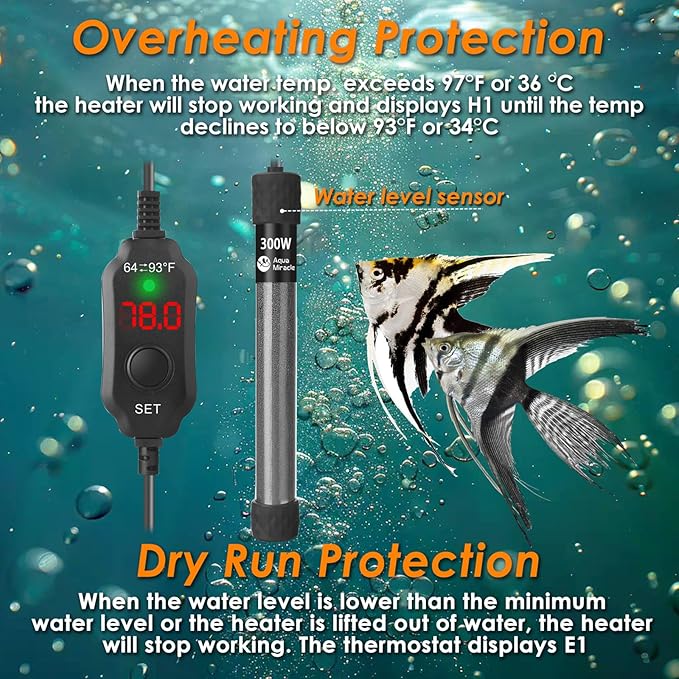 AquaMiralce 300W Aquarium Heater with Compact Size, Submersible Fish Tank Heater with LED Digital Display Thermostat, Adjustable Fish Heater Turtle Heater for 40-60 Gallon Tanks