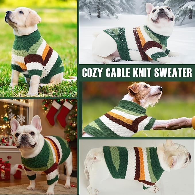 Dog Sweater, Classic Turtleneck Knitted Striped Dog Sweaters, Warm Sweater for Winter, Soft Christmas Sweaters for Boy Girl, Dogs Clothes for Small/Medium Cats, Doggys (Green, Medium)